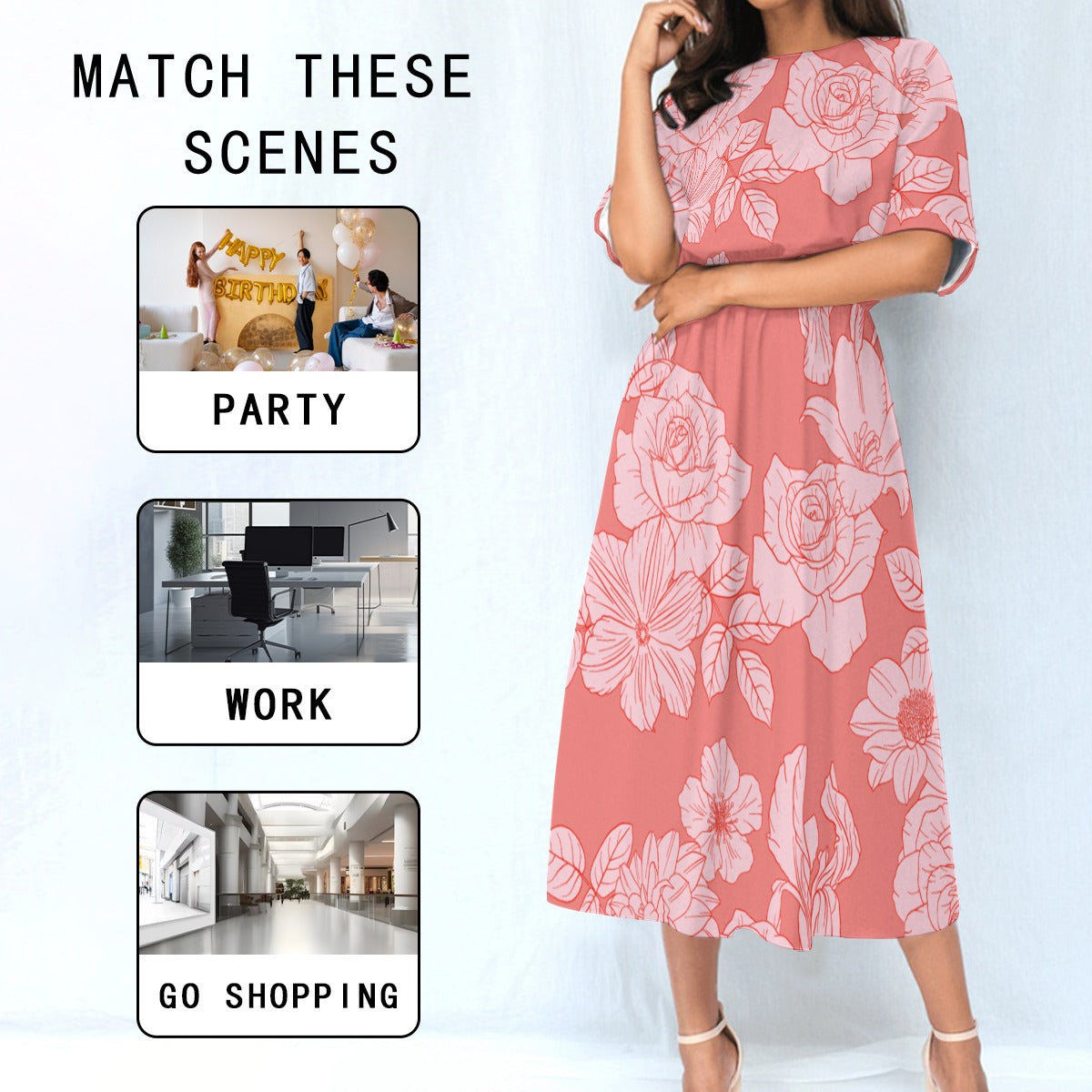 Ptahra B Women's Pink Floral Elastic Waist Dress