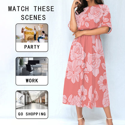 Ptahra B Women's Pink Floral Elastic Waist Dress