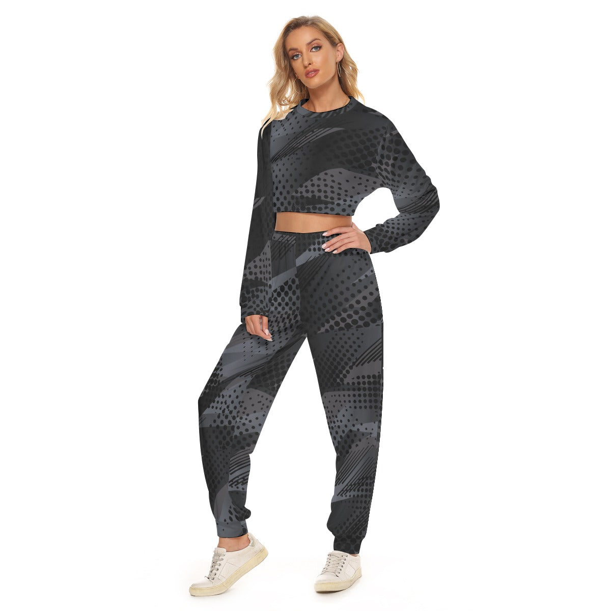 Ptahra B Women's Black/Grey Casual Graphic Crop Sweatshirt Suit
