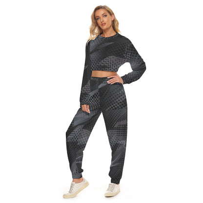 Ptahra B Women's Black/Grey Casual Graphic Crop Sweatshirt Suit