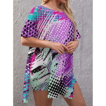 Ptahra B Women's Retro Style Drop-Shoulder T-Shirt with Side Split and Shorts (Plus Size)