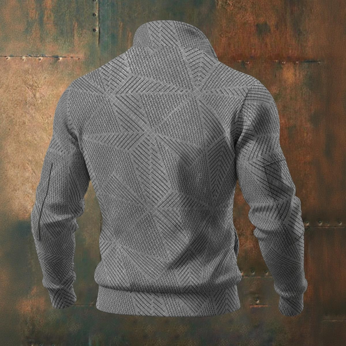 Ptahra Men's Dark Grey/Light Grey Triangular Line Pattern Thick Knit Fleece Jacket