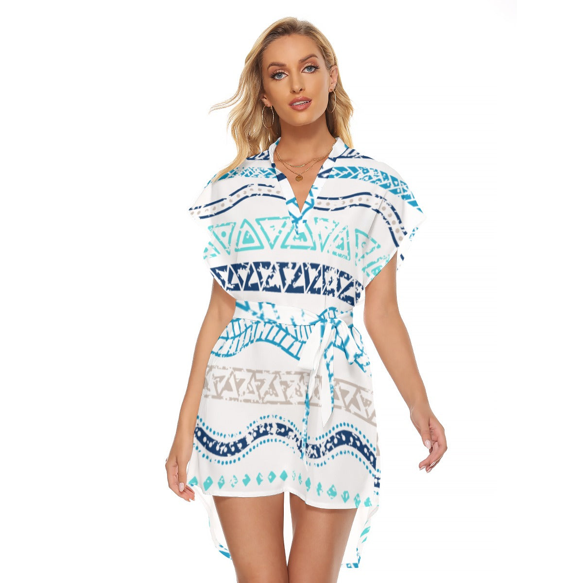 Ptahra B Women's White/Blue Beach feel Stand-up Collar Casual Dress with Belt