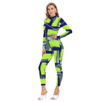 Ptahra B Women's Navy Blue/Grey/Lime Green Long-sleeved High-neck Jumpsuit with Zipper