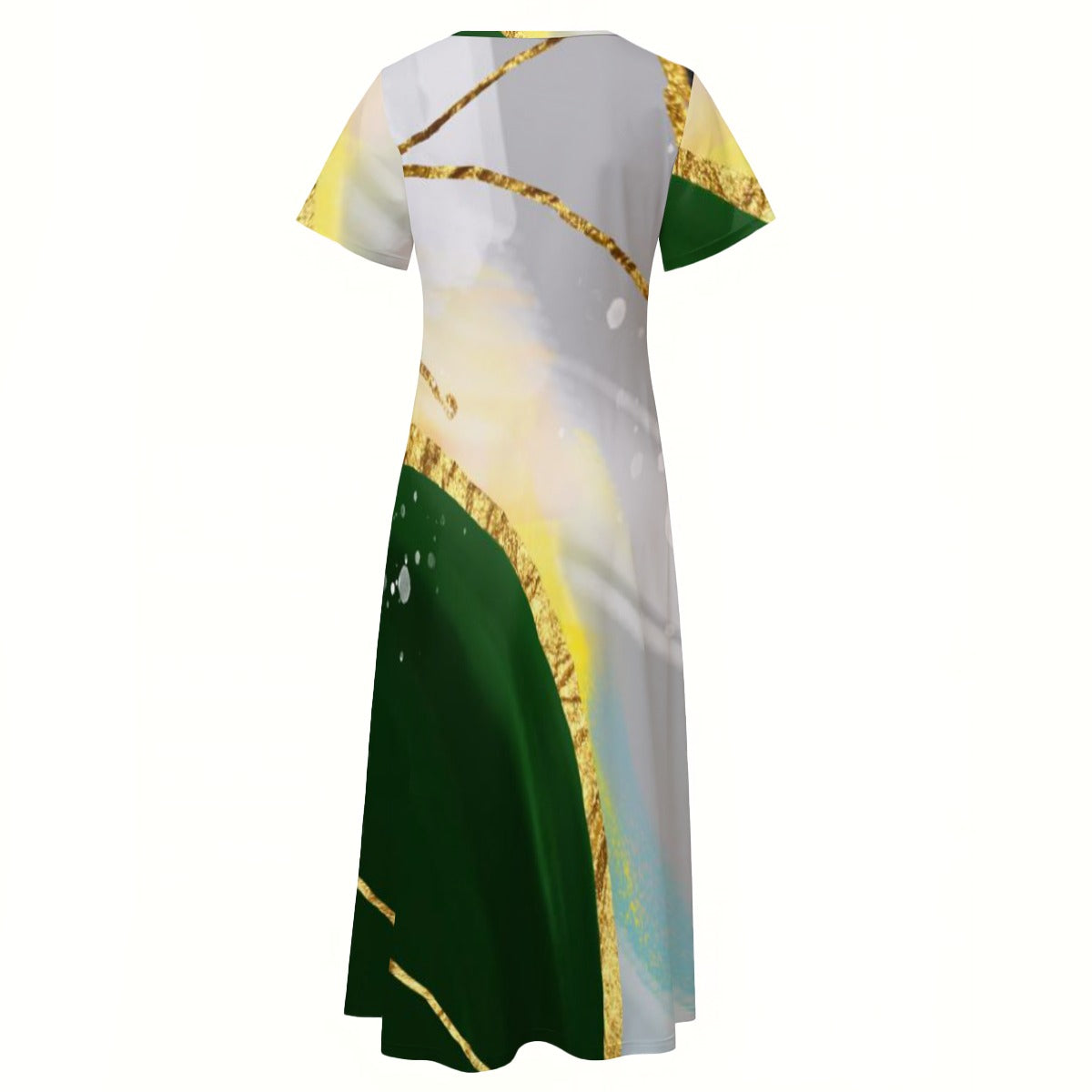 Ptahra B Women's White/Forest Green/Yellow/Gold V-neck Dress With Side Slit