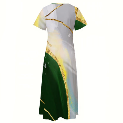 Ptahra B Women's White/Forest Green/Yellow/Gold V-neck Dress With Side Slit