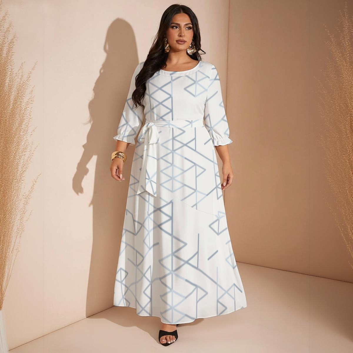 Ptahra Women’s White/Blue Design Maxi Dress