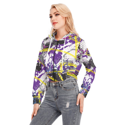 Ptahra B White/Black/Yellow/Purple Graphic Women's Crop Top Hoodie with Zipper Closure