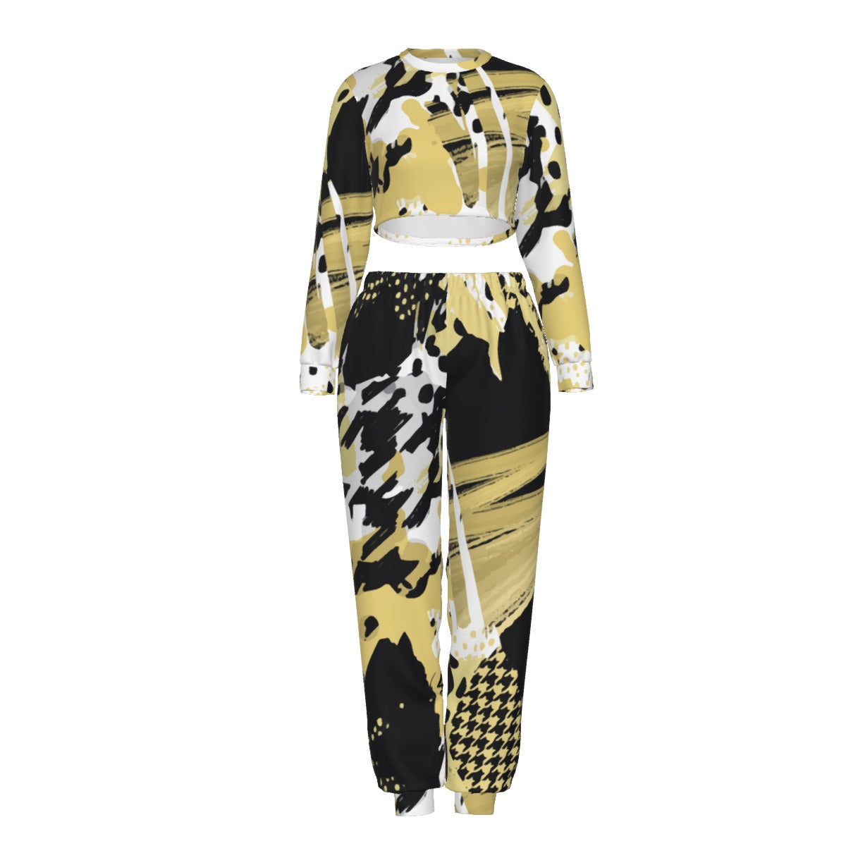 Ptahra B Women's Mustard Yellow/Black Art Crop Sweatshirt Suit