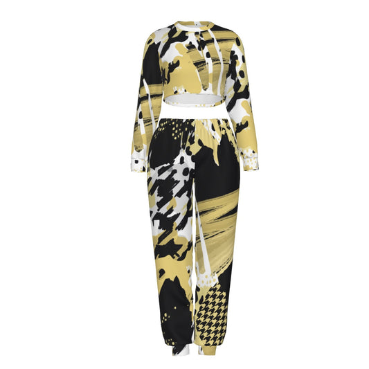 Ptahra B Women's Mustard Yellow/Black Art Crop Sweatshirt Suit