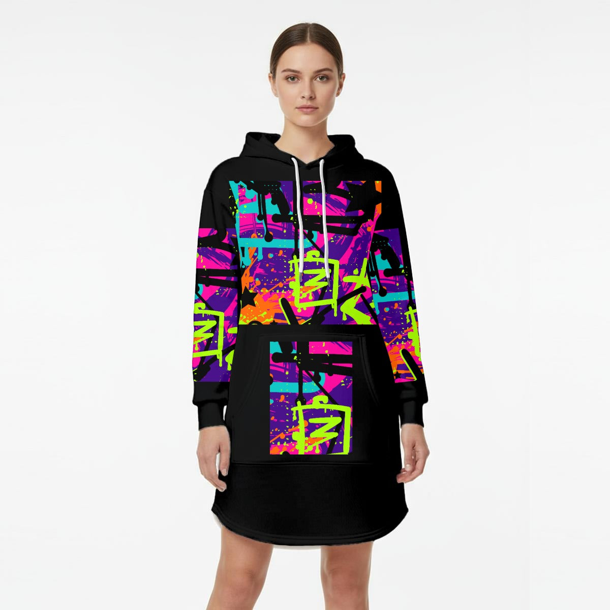 Ptahra Women’s Black/Bright Graphic Art Hoodie Dress With Fleece