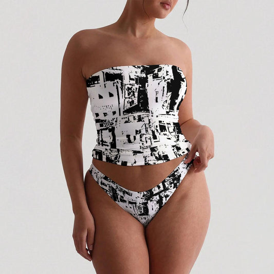 Ptahra Women's White/Black Artistic Strapless Tube Top Set