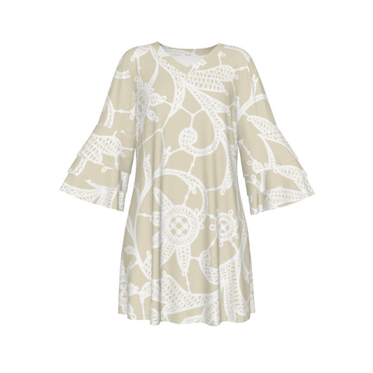 Ptahra B Women's Floral Nitted Style Pattern Stacked Ruffle Sleeve Dress