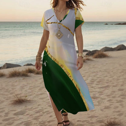 Ptahra B Women's White/Forest Green/Yellow/Gold V-neck Dress With Side Slit