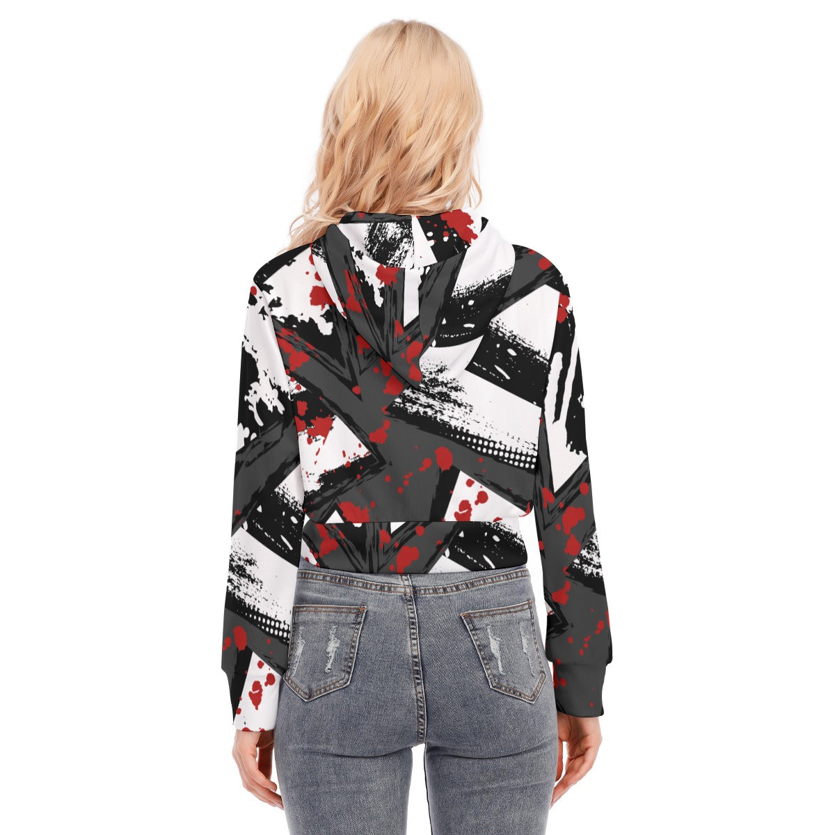 Ptahra B White/Grey/Black/Red Graphic Women's Crop Top Hoodie with Zipper Closure