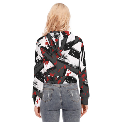 Ptahra B White/Grey/Black/Red Graphic Women's Crop Top Hoodie with Zipper Closure