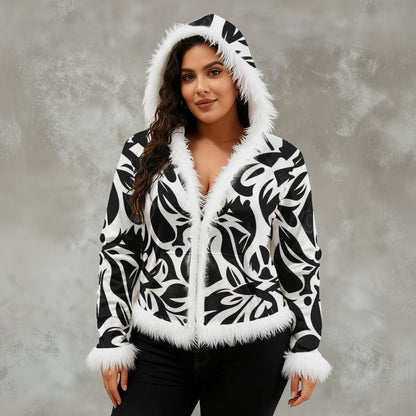 Ptahra Women's White/Black Design Faux Fur Trim Hooded Jacket | Velvet