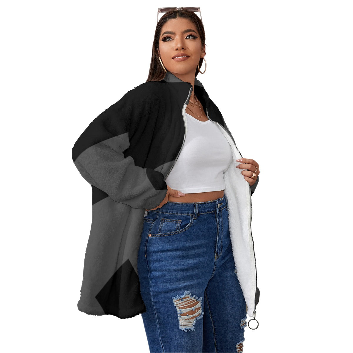 Ptahra B Black/Grey Borg Fleece Stand-up Collar Coat With Zipper Closure(Plus Size)