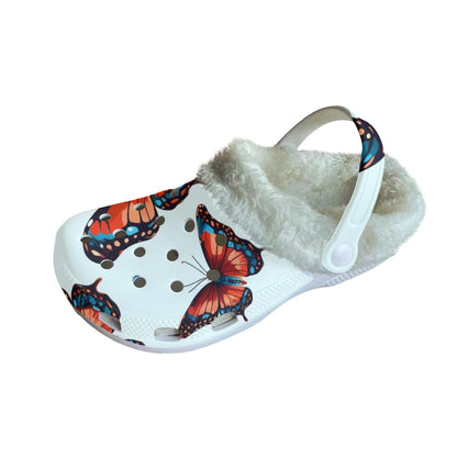 Ptahra B Women's Light Blue/Multi-Butterfly Classic Clogs with Fleece