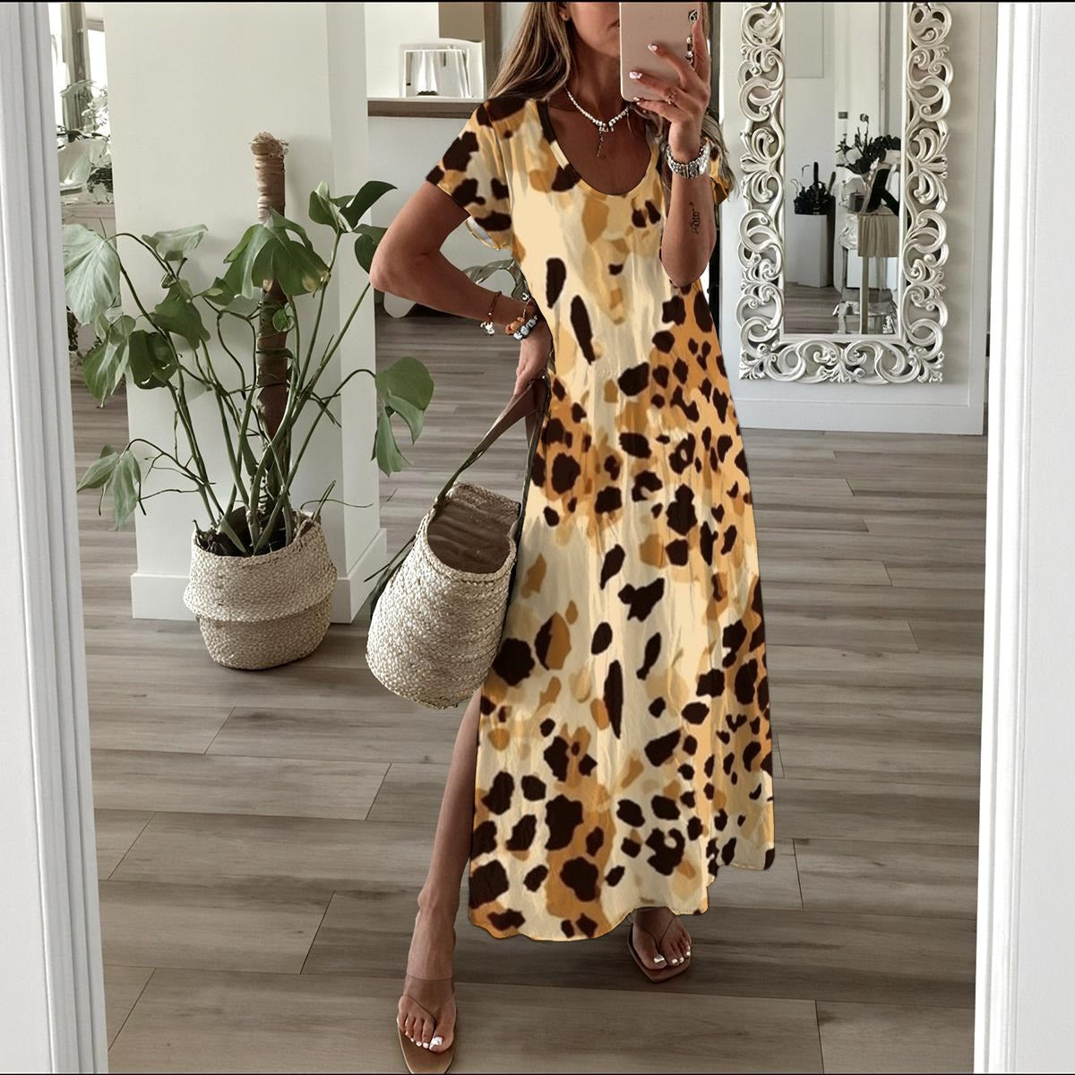 Ptahra Women's Light Beige/Leopard Pattern Long Dress