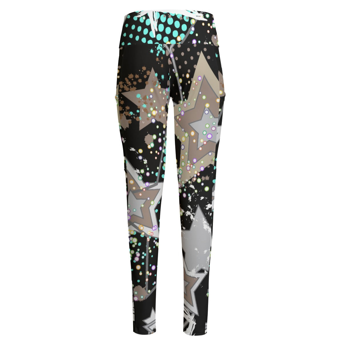Ptahra B Women's Black/Star Design High Waist Leggings With Side Pocket