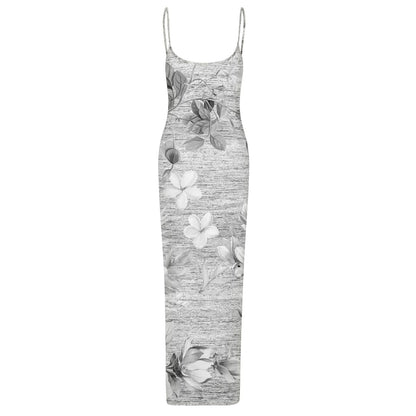 Ptahra B Women's Grey Floral Sheer Mesh Backless Spaghetti Strap Maxi Dress