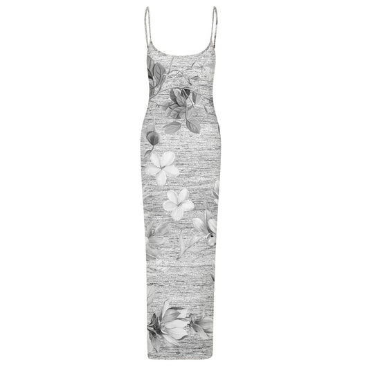 Ptahra B Women's Grey Floral Sheer Mesh Backless Spaghetti Strap Maxi Dress