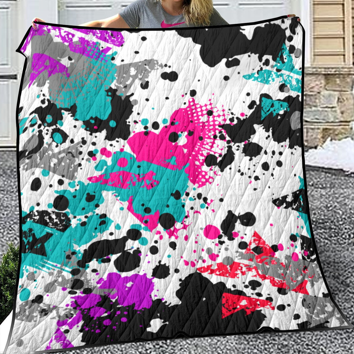 Ptahra B Art Multi-Color Paint Splat Lightweight & Breathable Quilt With Edge-Wrapping Strips