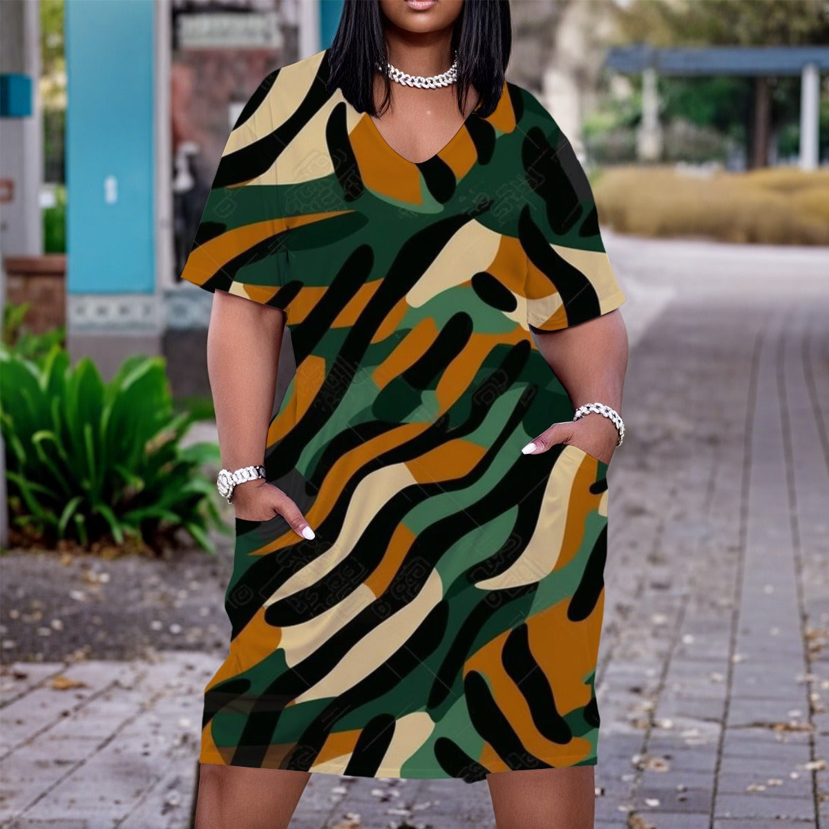 Ptahra B Women's Casual Forest Feel V Neck Short Sleeve Dress/Plus Size