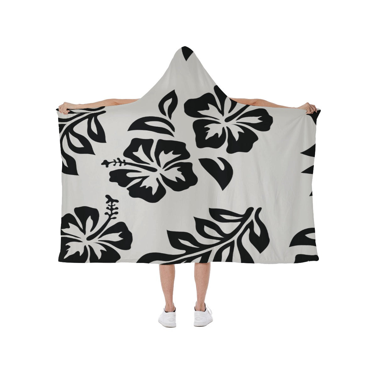 Ptahra B Light Grey/Black Floral Hooded blanket With Soft Fleece Lining