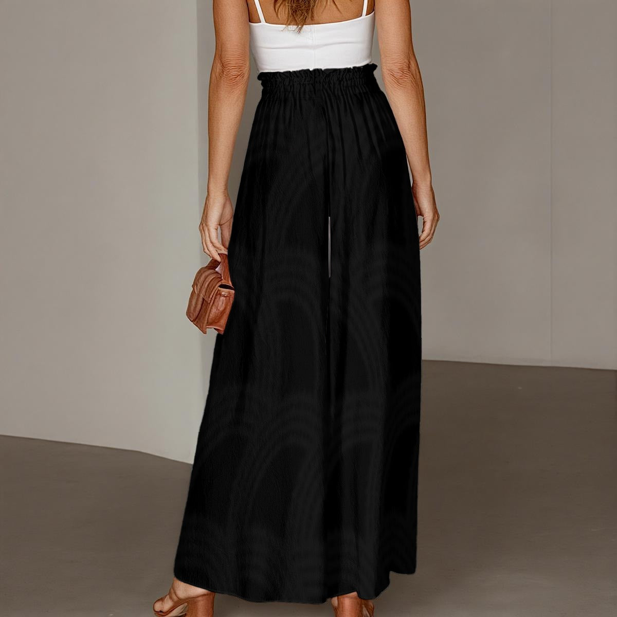 Ptahra Women's Black Ruffled Wide-Leg Pants