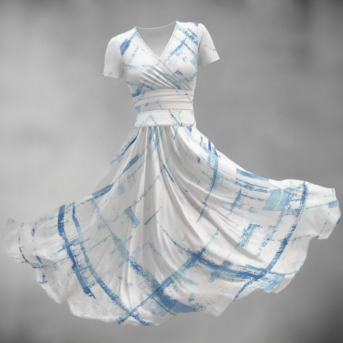 Ptahra Women's White/Blue Swipe Line Pattern Short Sleeve Casual V Neck Midi Dress