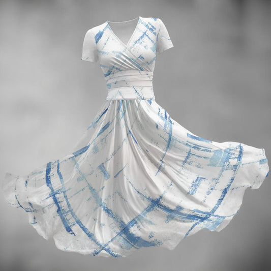 Ptahra Women's White/Blue Swipe Line Pattern Short Sleeve Casual V Neck Midi Dress