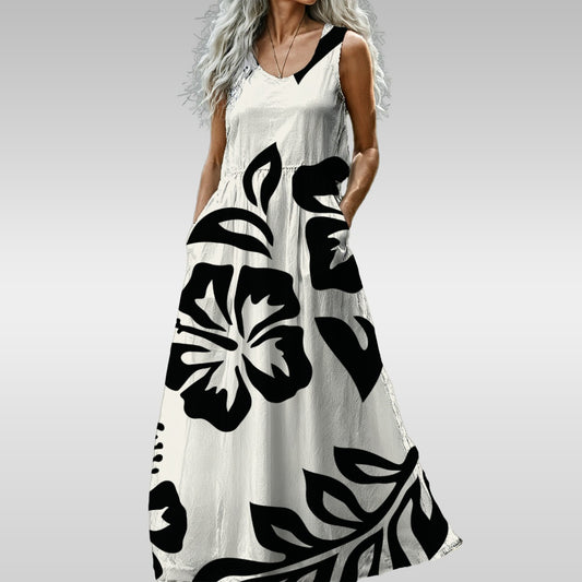Ptahra B Women’s White/Black Floral Sleeveless Maxi Dress