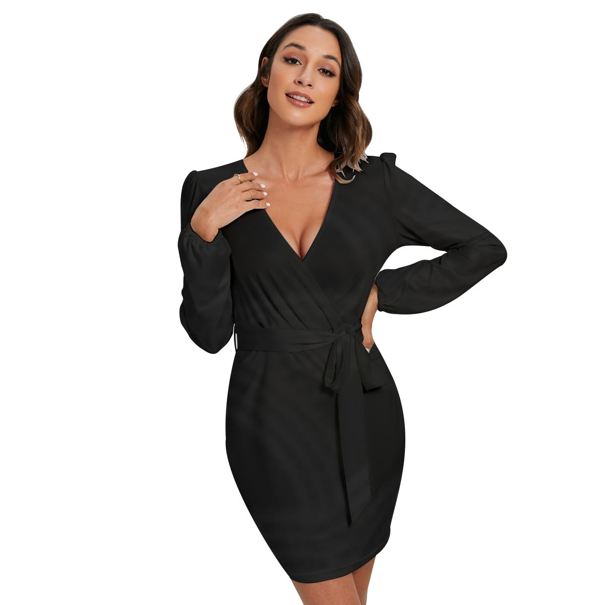 Ptahra B Black/Dark Grey Design Women's Long Sleeve Dress With Waist Belt