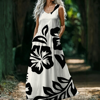Ptahra B Women’s White/Black Floral Sleeveless Maxi Dress
