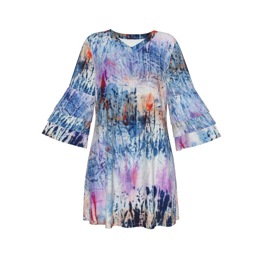 Ptahra B Women's Tye-Dye Style Stacked Ruffle Sleeve Dress