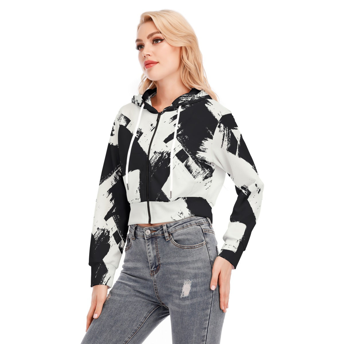 Ptahra B Women's Black/White Pattern Crop Top Hoodie with Zipper Closure