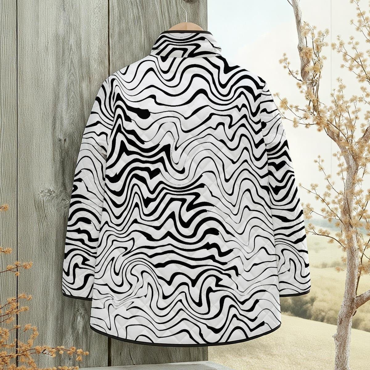 Ptahra Women's White/Black Squiggly Lines Pattern Quilted Jacket with Side Slits