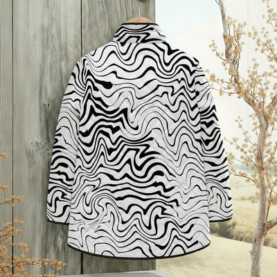 Ptahra Women's White/Black Squiggly Lines Pattern Quilted Jacket with Side Slits