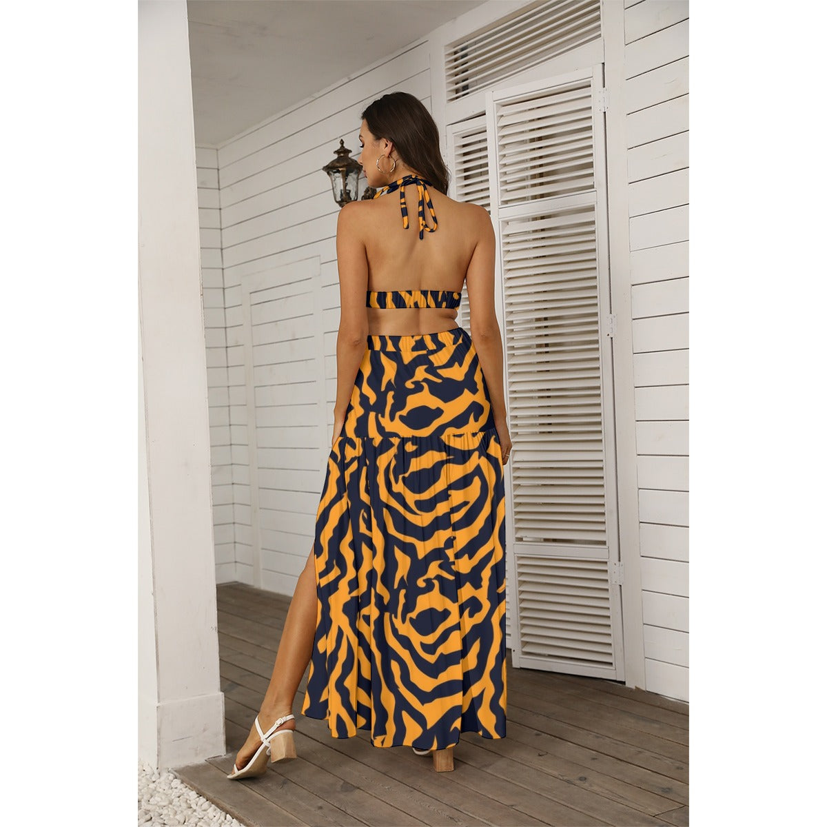 Ptahra B Women's Orange/Black zebra Style Tie Back Wrap Dress