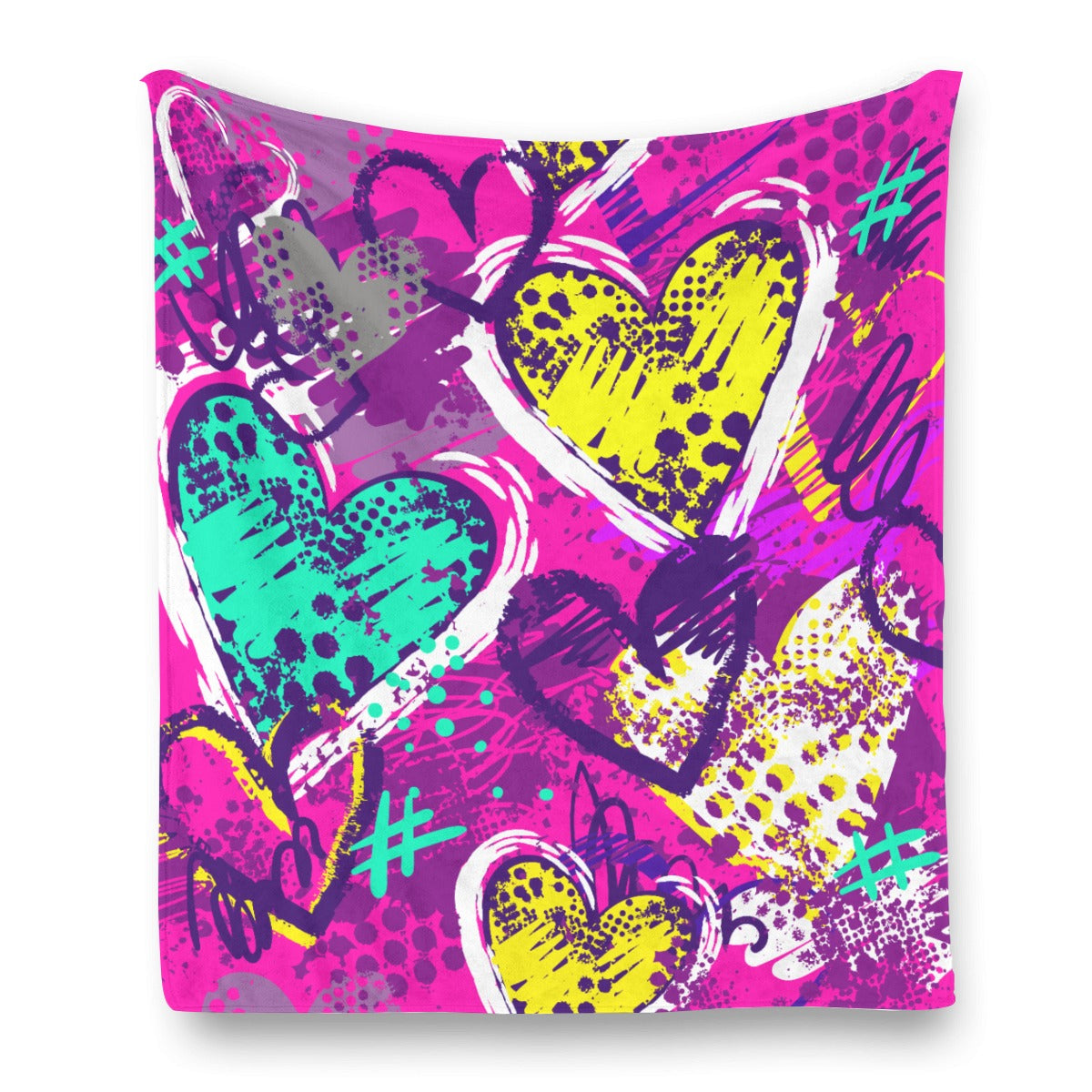 Ptahra Bright Pink/Purple Multi-Color Heart Pattern Single-Side Flannel Blanket