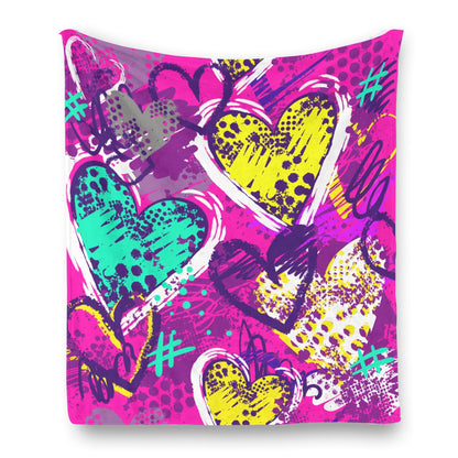 Ptahra Bright Pink/Purple Multi-Color Heart Pattern Single-Side Flannel Blanket