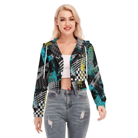 Ptahra B Black/Turquoise/Yellow/Grey Graphic Women's Crop Top Hoodie with Zipper Closure