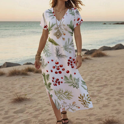 Ptahra B Women's White/Leaf/Cherry V-neck Dress with Side Slit