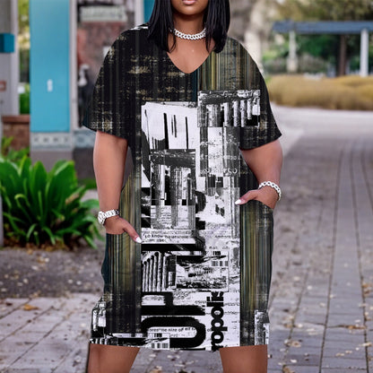 Ptahra B Women's Black/Green/White Graphic Word Art V Neck Short Sleeve Dress/Plus Size