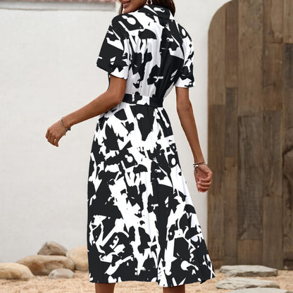 Ptahra B Women's Black/White Pattern Shirt Dress with Waist Tie
