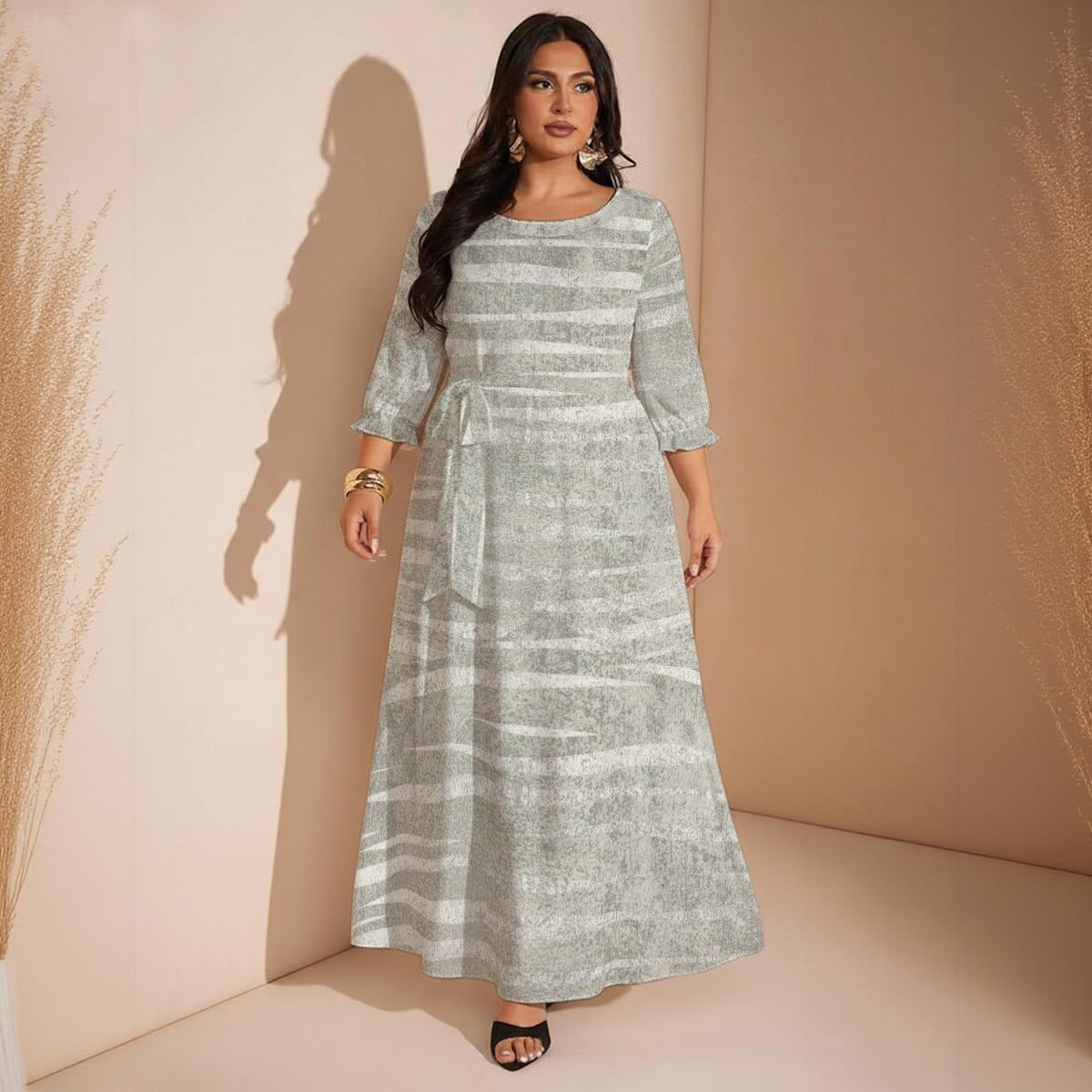 Ptahra Women’s Grey Line Pattern Maxi Dress