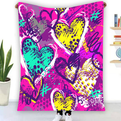 Ptahra Bright Pink/Purple Multi-Color Heart Pattern Single-Side Flannel Blanket