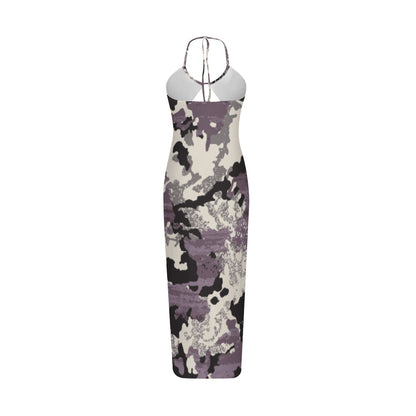 Ptahra Women's Purple/Black/Grey on Beige Camo Style Sexy Hollow Cami Dress